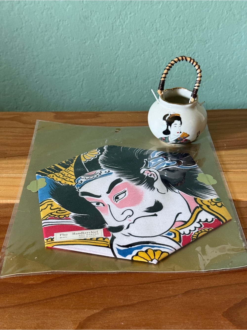 Vintage Kyoto Japan Mini Porcelain Vase & Kabuki Handkerchief Gift Set